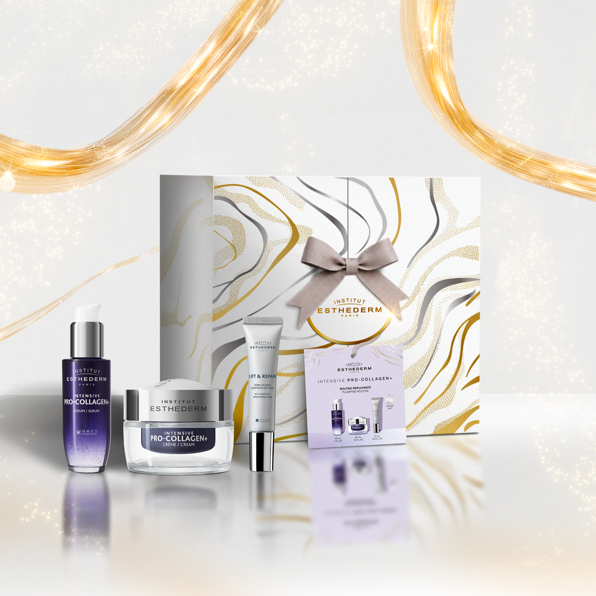 Coffret soin visage Intensive Pro-Collagen+ d'Institut Esthederm comprenant le sérum, la crème redensifiante et le soin lissant contour des yeux Lift & Repair offert.
