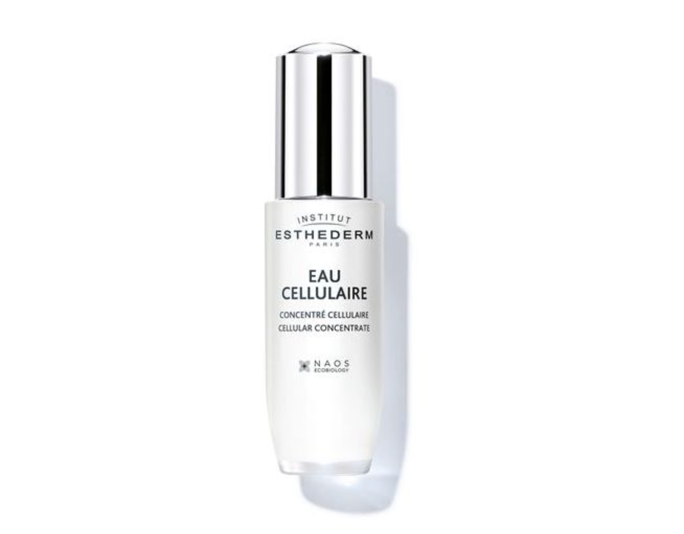 Flacon-pompe blanc du Sérum Concentré Cellulaire EAU CELLULAIRE d’Institut Esthederm avec son bouchon argenté, un booster anti-âge qui hydrate intensément, repulpe la peau et lisse l'apparence des premières rides.