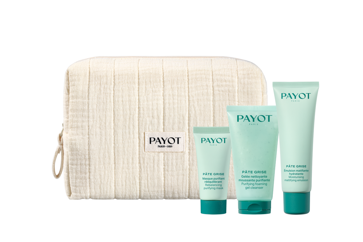 Trousse de soins Payot Pâte Grise comprenant une trousse en velours côtelé beige, un masque purifiant rééquilibrant, une gelée nettoyante moussante et une émulsion matifiante.