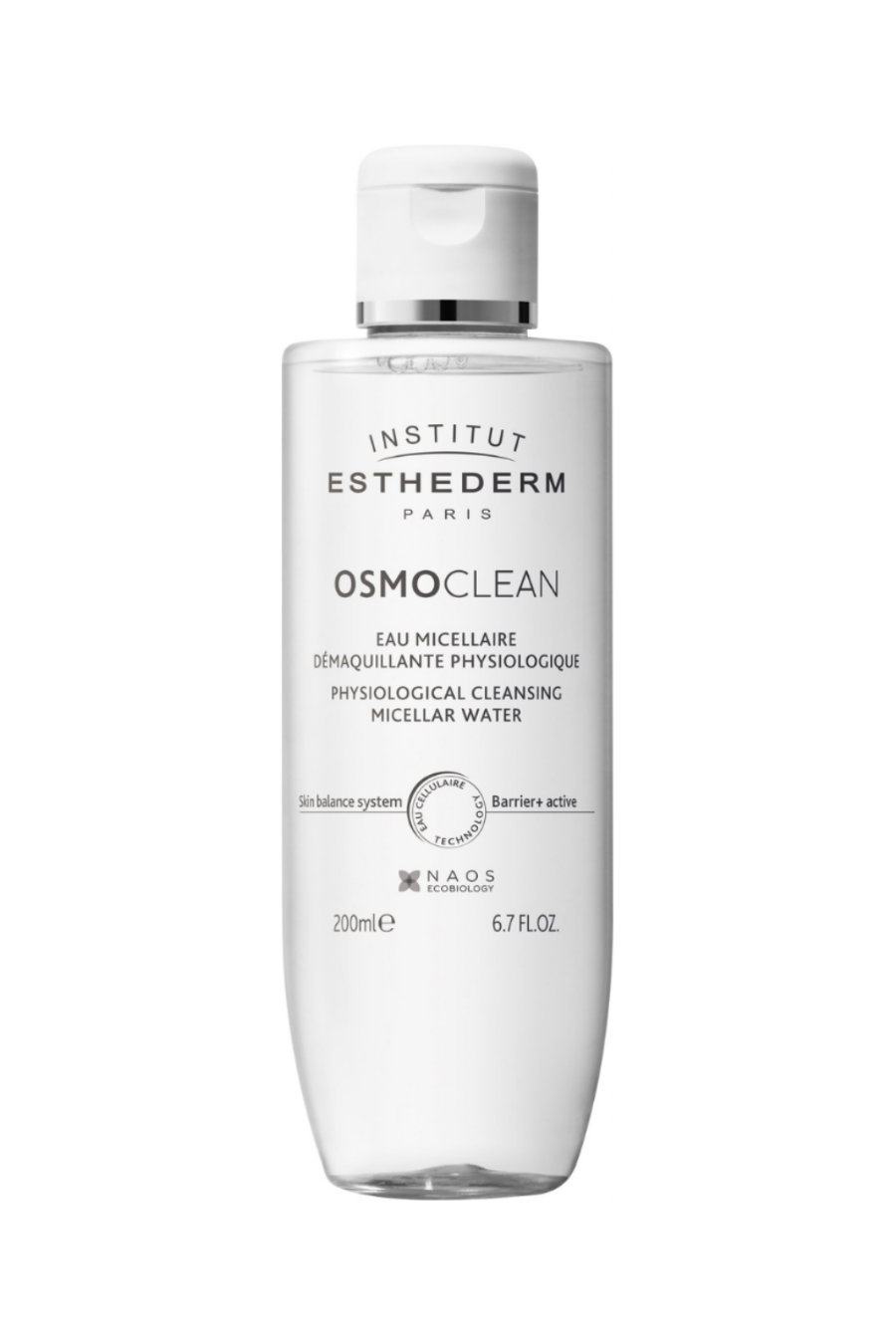 Eau micellaire Esthederm Osmoclean pour nettoyer la peau en douceur, flacon transparent avec liquide clair, sans parfum visible
