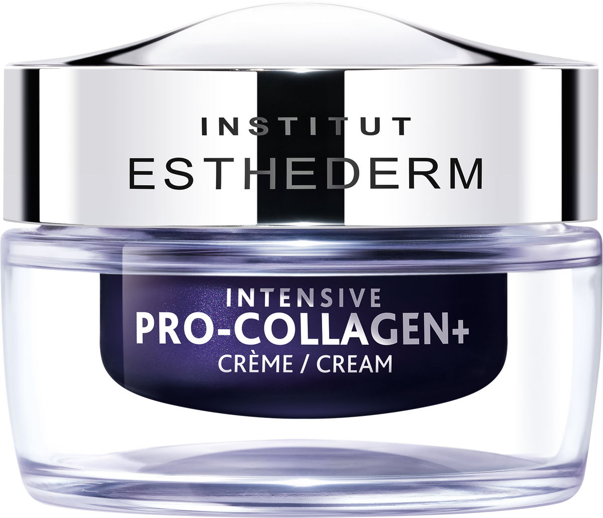 Crème raffermissante visage et cou Intensive Pro-Collagen+ d'Institut Esthederm en pot de 50ml aux peptides biomimétiques pour stimuler la production de collagène.