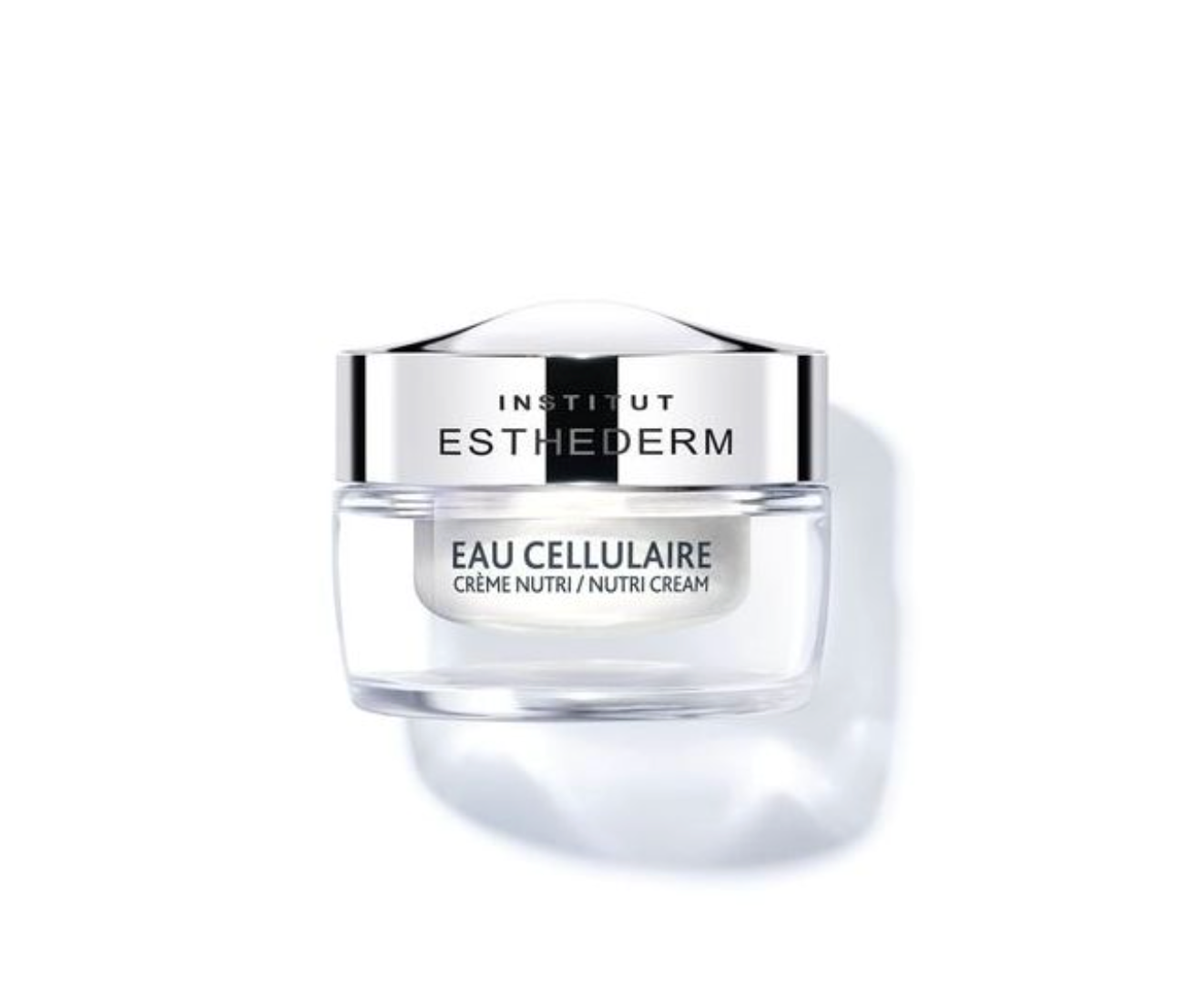 Pot en verre transparent de la Crème Nutri-Repulpante EAU CELLULAIRE d'Institut Esthederm avec son bouchon argenté, un soin anti-âge conçu pour hydrater intensément, lisser les premières rides et redonner de l'éclat à la peau.