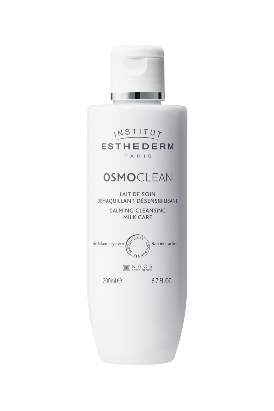 Lait de soin démaquillant désensibilisant Esthederm, nettoyant apaisant pour la peau sensible, en bouteille de 200 ml.