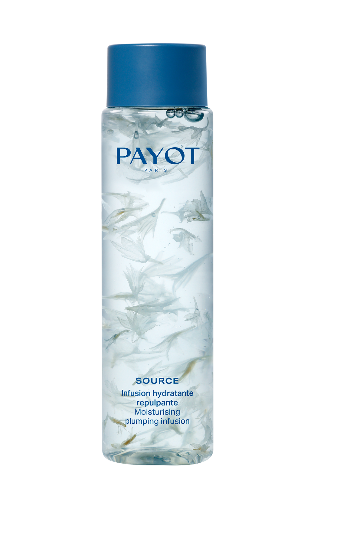 Flacon de l'Infusion Hydratante Repulpante Source Payot avec pétales de bleuet infusés